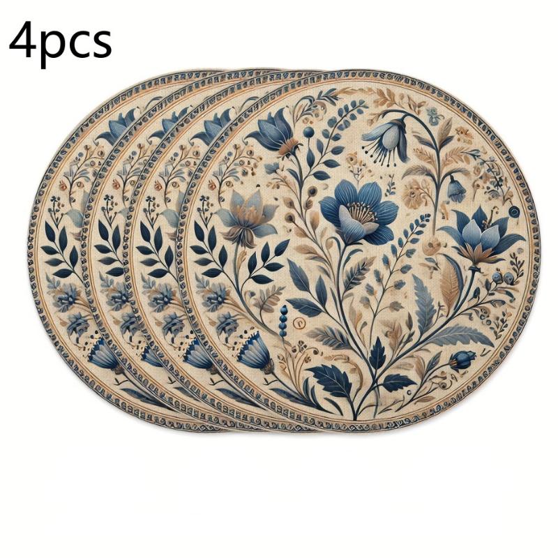 4 Pcs Flower Print Placemats 2D Round Polyester Washable Table Mats for Restaurant Home Daily Festival Use