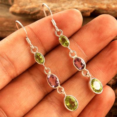 Orecchino pendente fatto a mano con ametista peridoto, argento sterling 100% 925, gioielli con pietre portafortuna di agosto febbraio