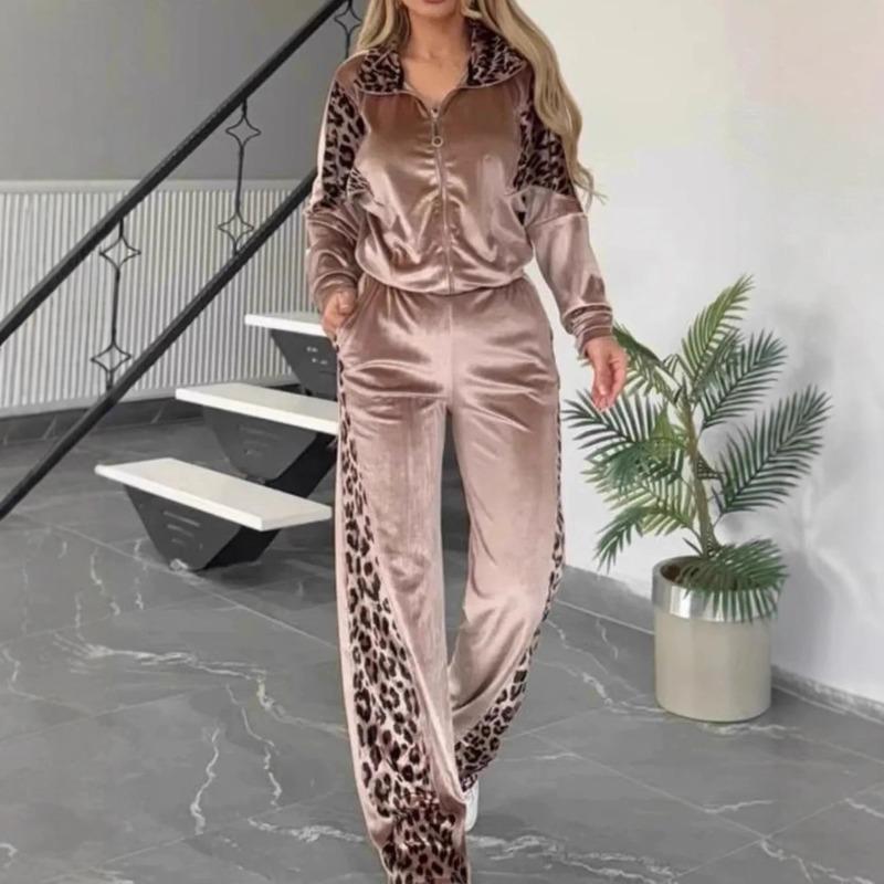 New Fall Leopard-Print Color-Blocked Long-Sleeve Pajama Set
