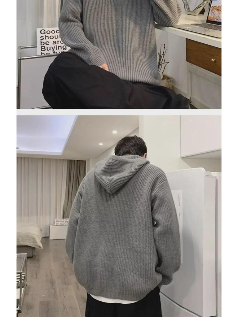 Men's Gray Cleanfit Half-Zip Hooded Sweater - Casual, Cool American Style Knitted Jacket