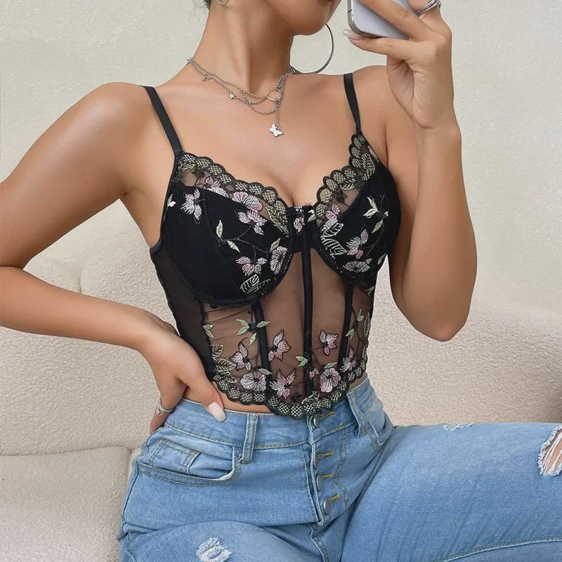 Colorblock Embroidered Mesh Bandeau Corset Tank Top