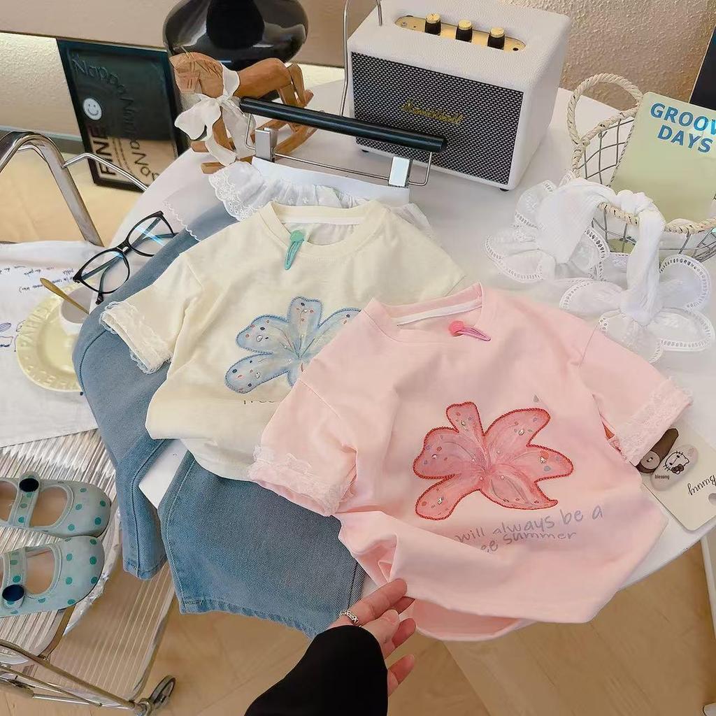 2026 Summer Milk Candy Girl's Lace Trim Embroidered Chiffon Parent-Child Short Sleeve Shirt