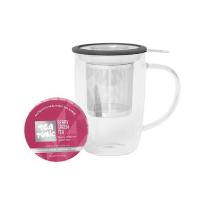 Tee-Tonikum (Teetasse für eine Person) Glas Teetasse mit Sieb & Beeren Grüntee Reise Dose 10g Packung
