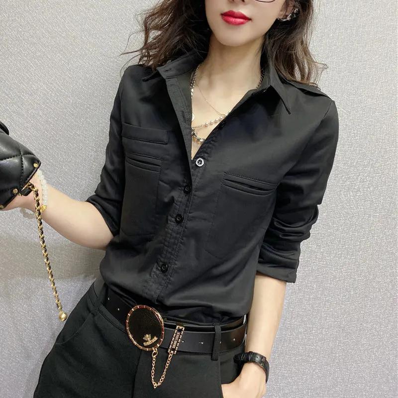 Dámské ležérní ležérní kalhotky s dlouhým rukávem a odkládacím límcem, jarní střih, jednobarevné kapsy, štíhlé tričko