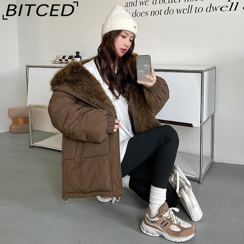 BITCED Detachable Oversized Fur Collar Down Jacket for Women Winter Thickened Waist-Defining Fur-Trimmed Parka
