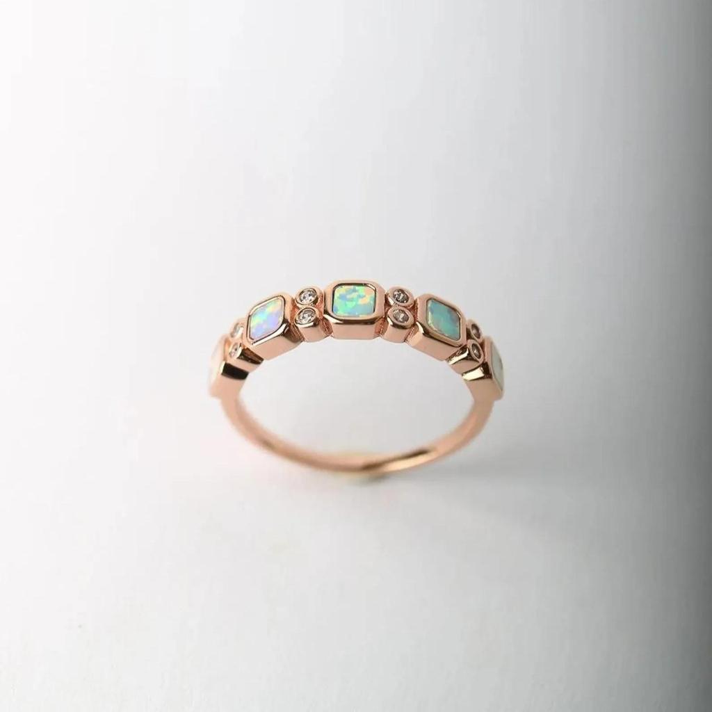 Princess Cut White Opal Ring: Rose Gold Plated Round Cubic Zirconia Wedding Band: Art Deco Bridal Jewelry Gift for Her