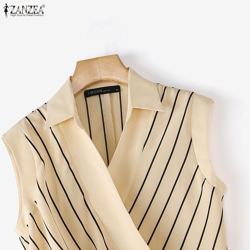 ZANZEA Blusa da Donna Elegante a Maniche Corte con Collo a Revers e Stampa a Righe Casual