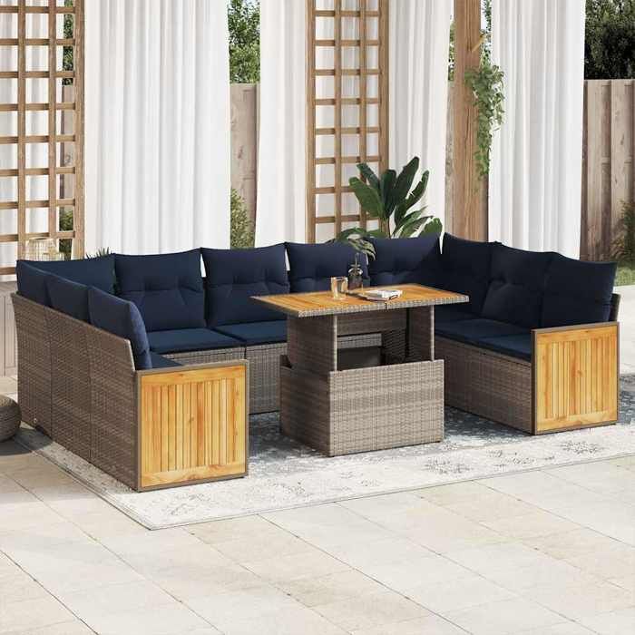 VidaXL Salon de jardin avec coussins 10 pcs gris résine tressée acacia, ensemble de canapés d'extérieur, salon de jardin, 3327757