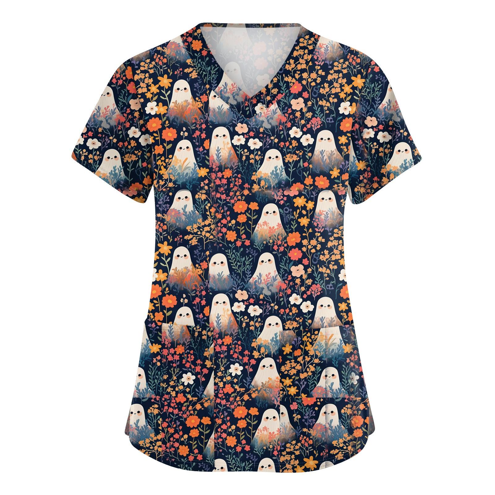 

Женская симпатичная принтованная рабочая одежда с V-образным вырезом, двухслойными карманами, базовым коротким рукавом, пуловером M