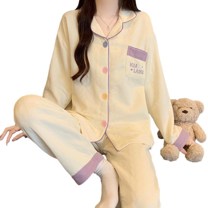 Set de pijama din bumbac aerat pentru femei: Cardigan cu mâneci lungi cu broderie - Casual și călduros pentru primăvară și toamnă