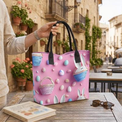  Easter Bunny Tote Bag Cute Printed Canvas Handbag for Daily Shopping Portable Casual Shoulder Bag