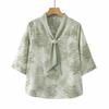 Women Light Green Floral Embroidery Bow V Neck Three Quarter Sleeve Elegant Blouse