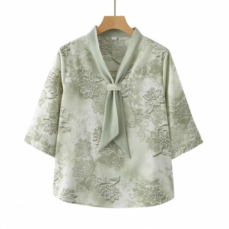 Women Light Green Floral Embroidery Bow V Neck Three Quarter Sleeve Elegant Blouse