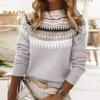 Damen Pullover Rundhals Langarm Häkelstrickpullover Geometrisches Muster Patchwork Farbe Stricktop