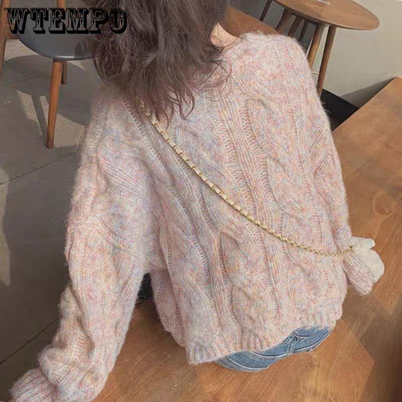 Rosa weicher Pullover für Damen, süße, lockere Oberbekleidung, Strickmode, Design Sense, kleiner Pullover, kurze Strickmode