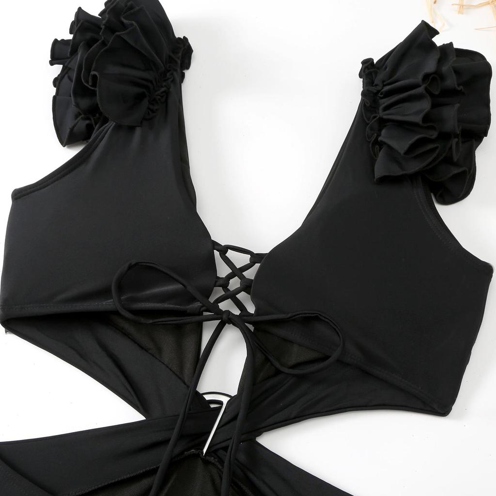 2025 Trendy Women's One-Piece Swimsuit Set with Bowknot Mesh Skirt - Solid Color