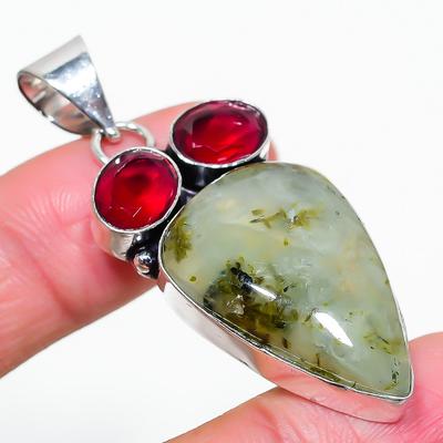 Natürlicher Prehnit, Granat Edelstein 925 Sterling Silber Geschenkanhänger 2,21" Q5M33