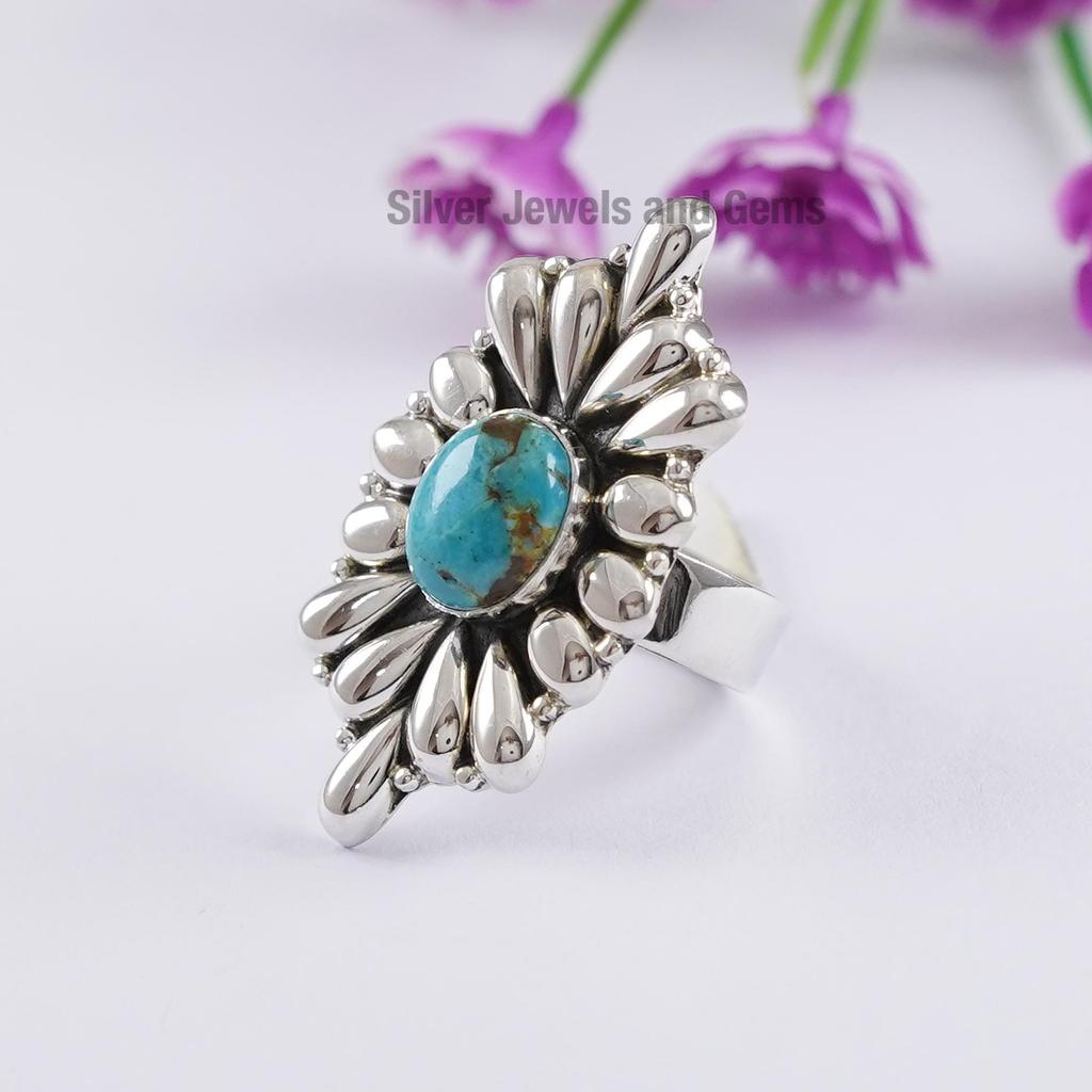 Arizona Turquoise Puffed Ring, 925 Sterling Silver Ring, Designer Boho Ring, Handmade Ring, Gift for Wife, Statement Ring