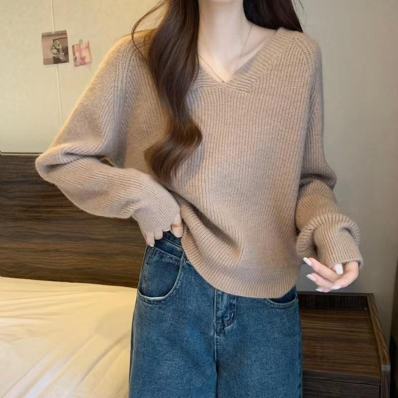 V-neck Solid-color Versatile Sweater with Autumn and Winter New Gentle Wind Soft Waxy Lazy Bottoming Knitted Sweater