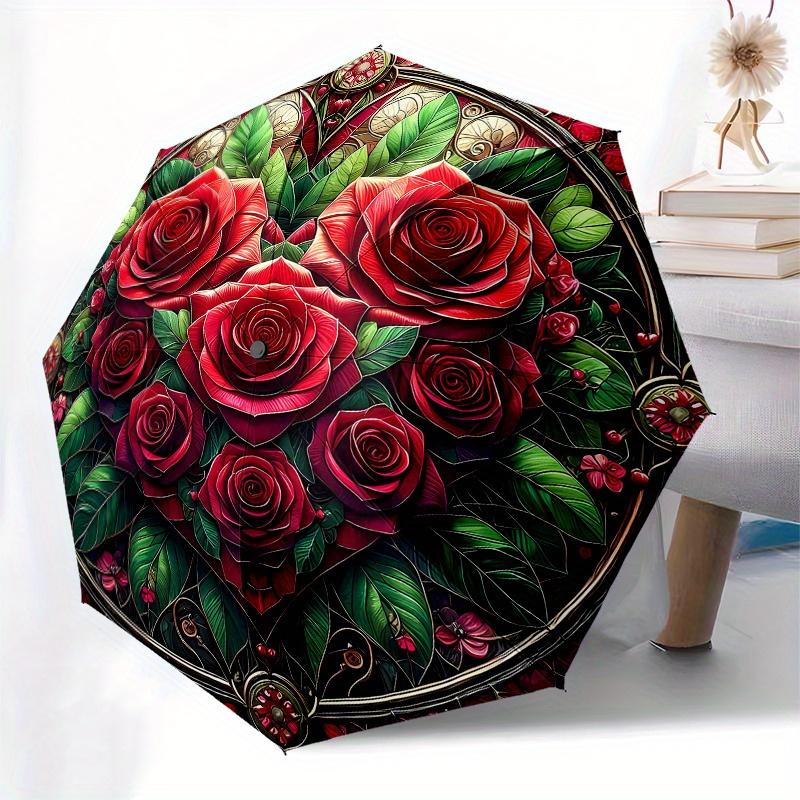 Stunning Rose Mandala Stained Cute Wall Art Decor Umbrella - Cute Umbrella with Cute Design, Portable 3-Fold Compact Umbrella