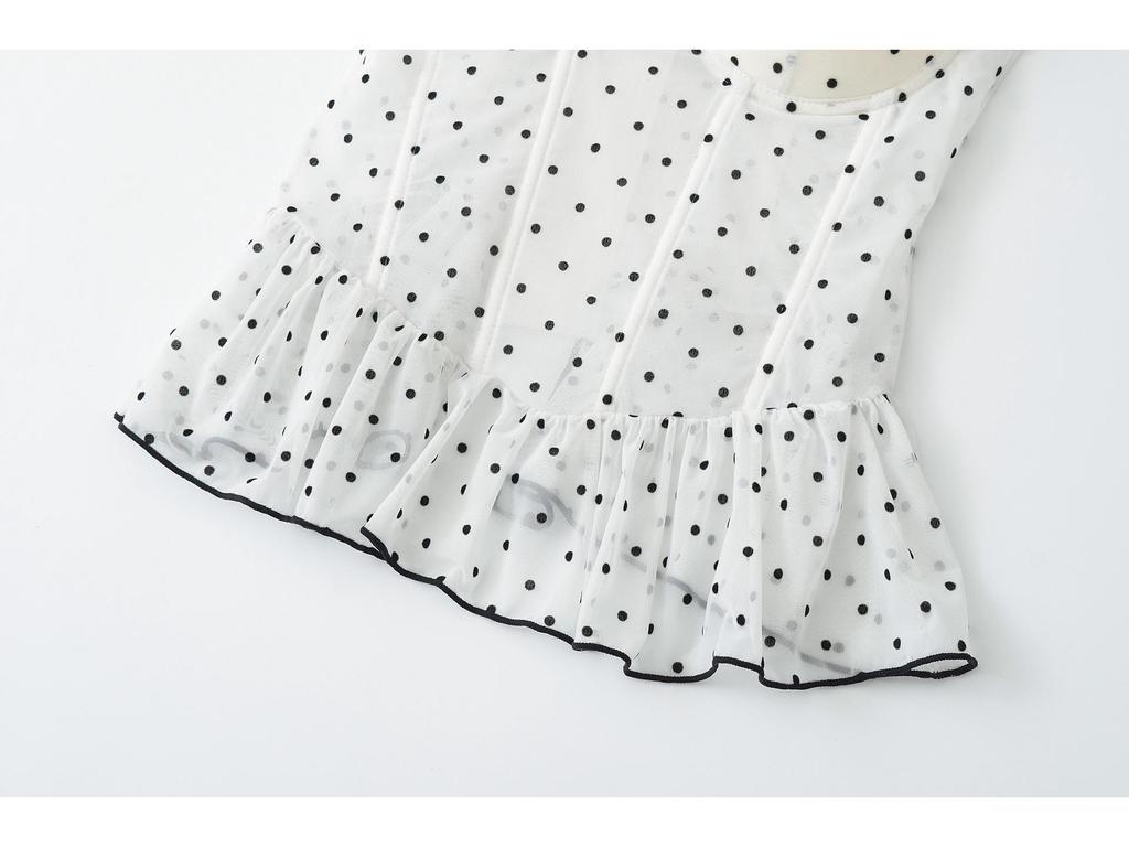 French Girl Polka Dot Waist-Cinched Mesh Bandeau Camisole – Slim Sleeveless Summer Top