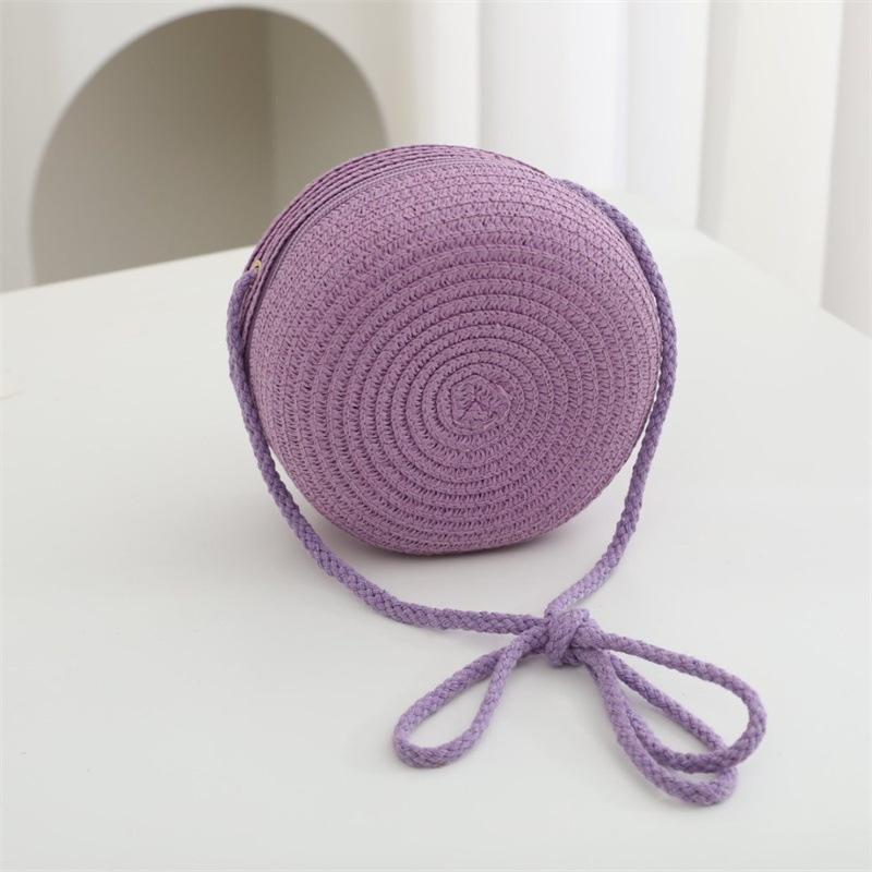 Summer Solid Color Straw Bag Shoulder Messenger Round Bag Children Versatile Outing Beach Bag Light Board DIY Round Weaving