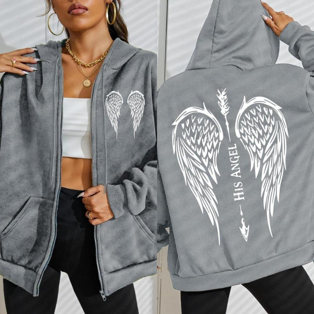 His Angel Creative Wings Art Letter Printing Zipper Hoodies Woman Hoodie Casual Soft Hoody Fleece Comfortable Streetwear