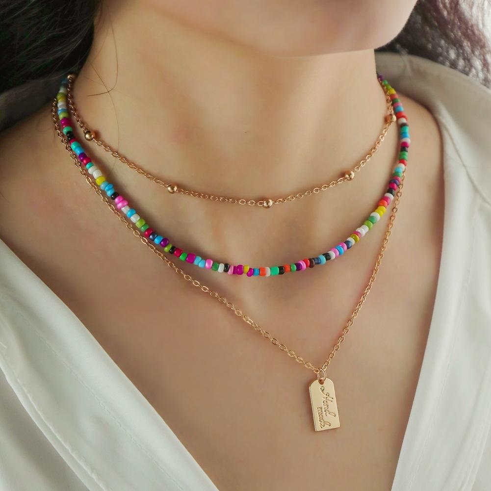 2 Pcs/set Women's Necklace Bohemian Style Multi-layer Color Seedbead Metal Pendant Necklace