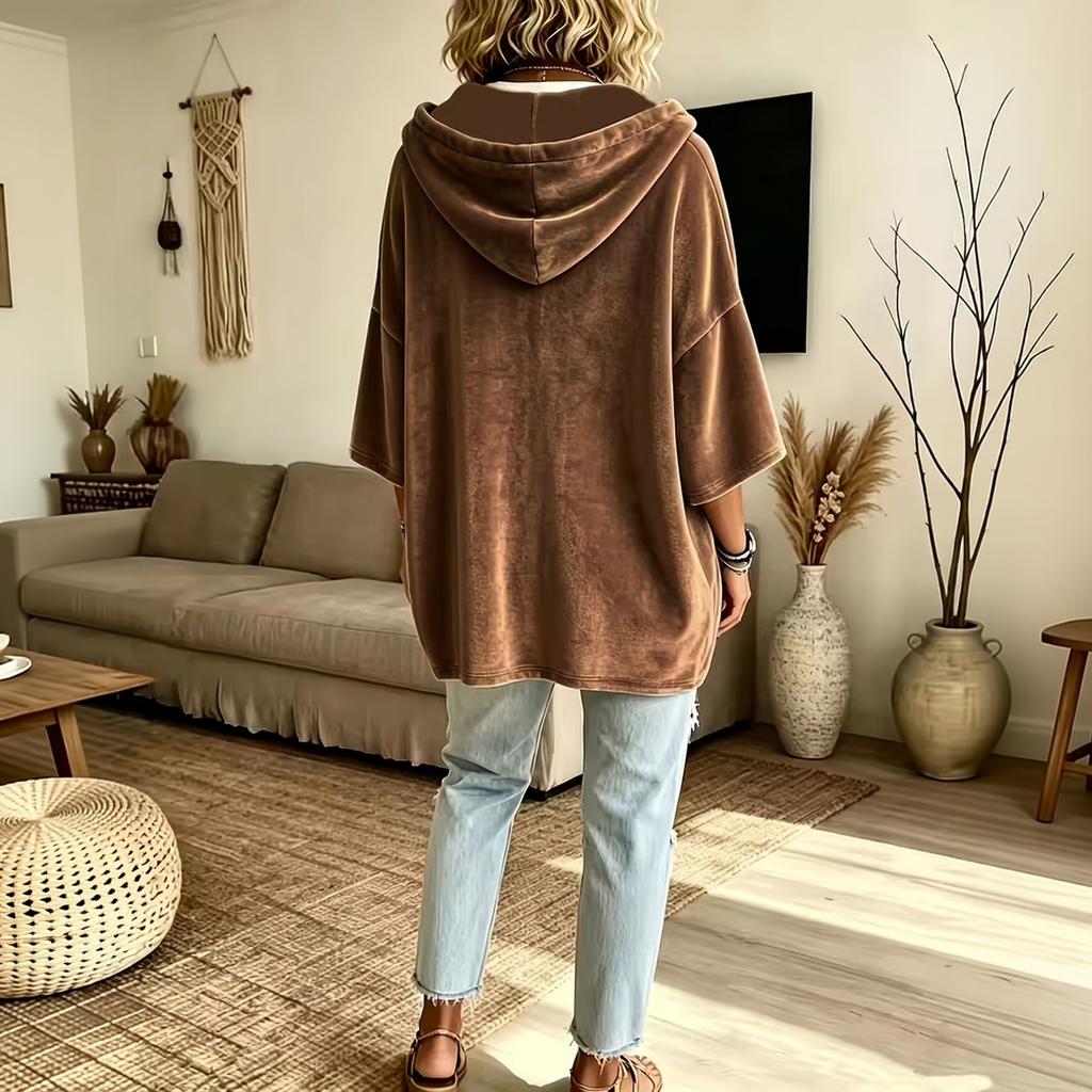 Women's Velvet Hooded Sweatshirt with Drawstring, Loose Fit Sleeve
