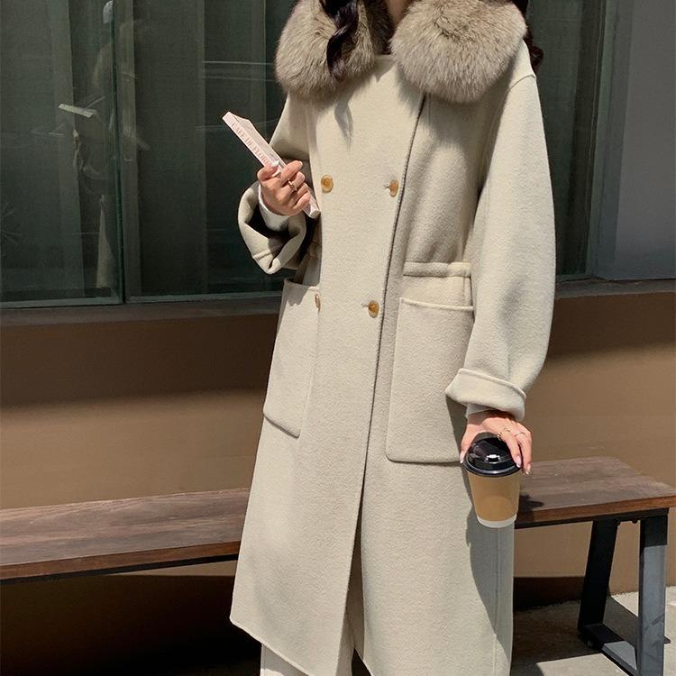 Double-sided pure wool coat, high-end large fur collar warm temperament commuter hand-sewn woolen coat