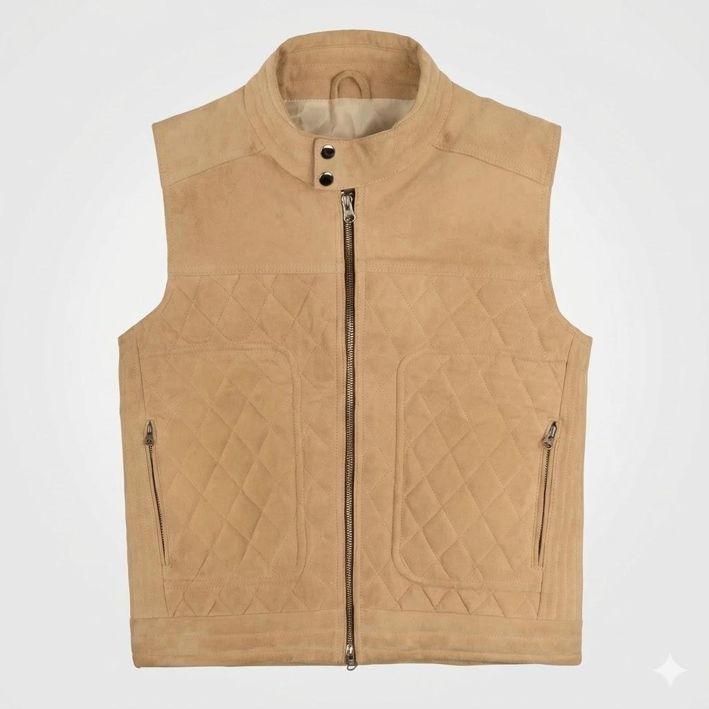 Stylish Real Lambskin Leather Suede Men’s Beige Handmade Vest Coat Casual Fit