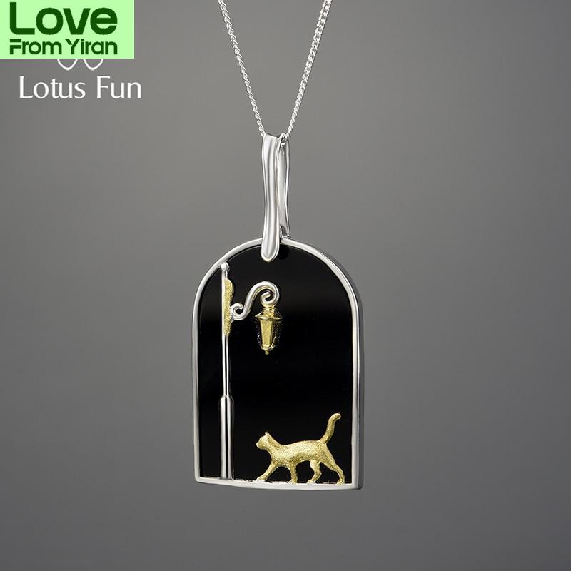 

Лотос Веселый Натуральный Черный Агат Милый Кот Под Уличным Фонарем Подвески Ожерелья Для Женщин 925 Серебро Заявление Ювелирные Изделия серый