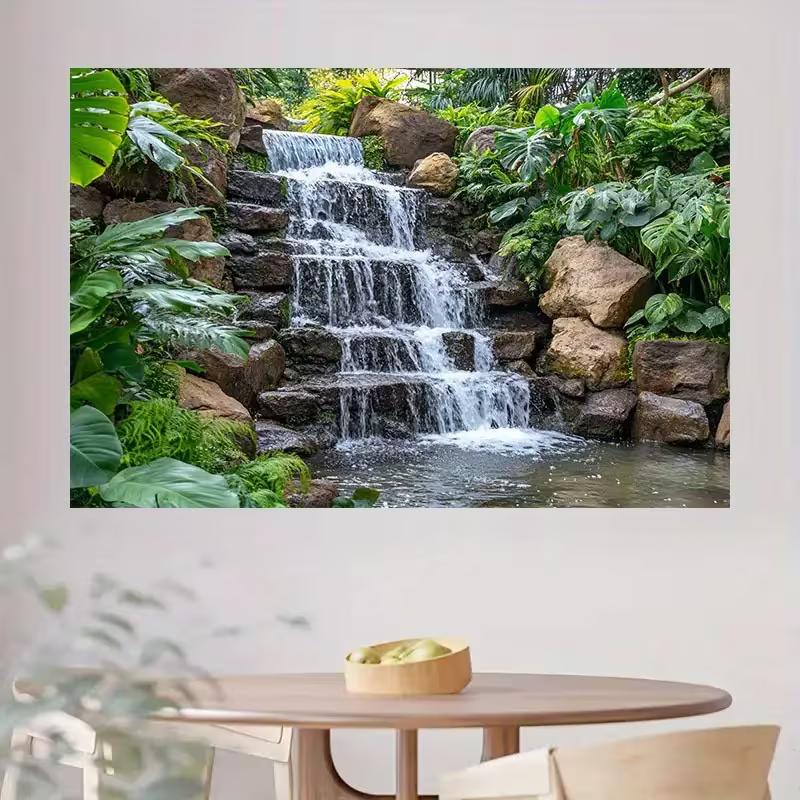 2D tropischer Wasserfall Hintergrund, Grüne Pflanze Stein Natur Foto Hintergrund