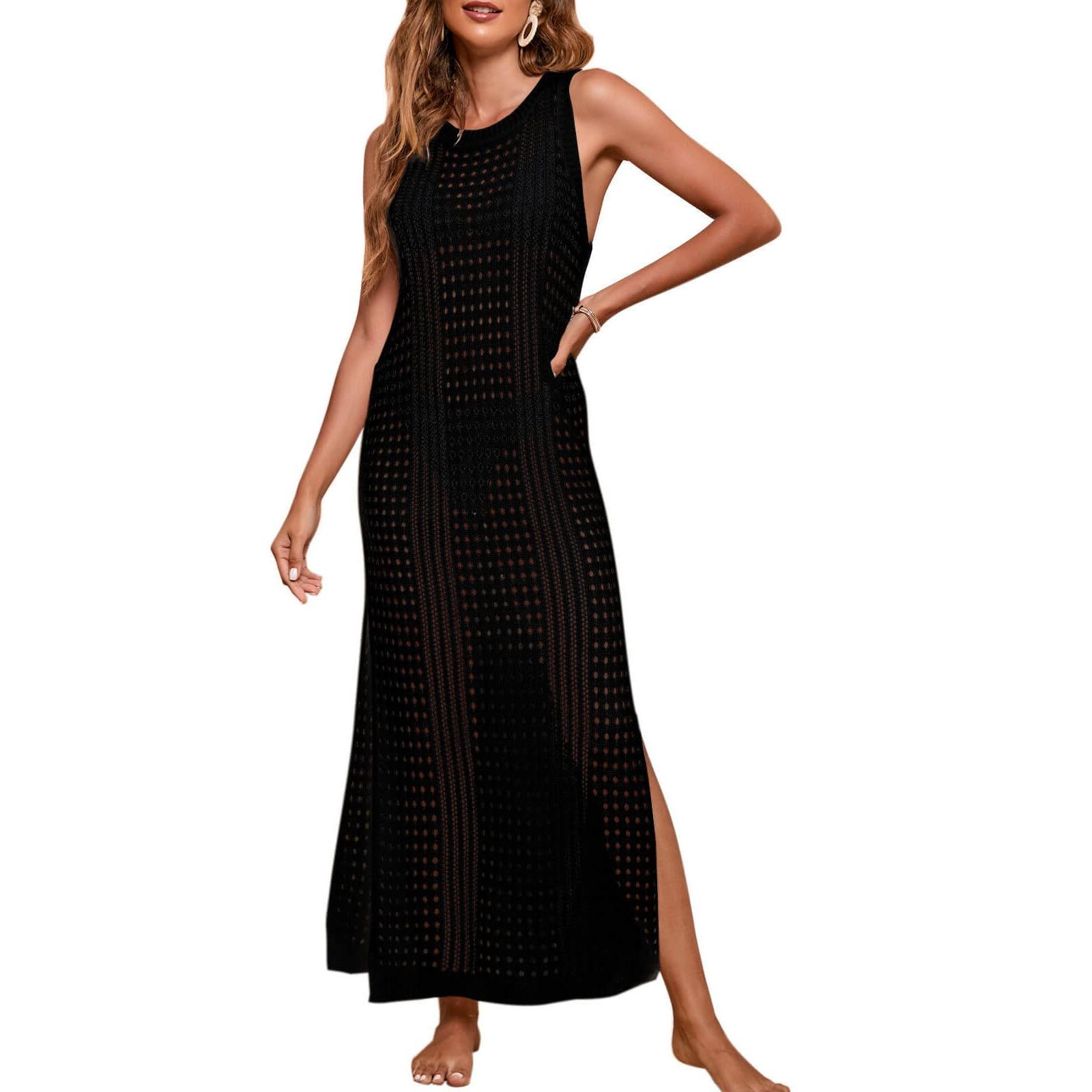 

Женский купальник, накидка на бикини, пляжная юбка без рукавов, вязаная крючком, ажурная накидка для морского путешествия, накидка L чёрный