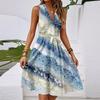 Women's Spring And Summer Casual V-Neck Sleeveless Waist Floral Print Midi Dress