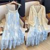 Plus Size Women's 2025 Spring/Summer Spaghetti Strap Dress & Lace Cardigan Set
