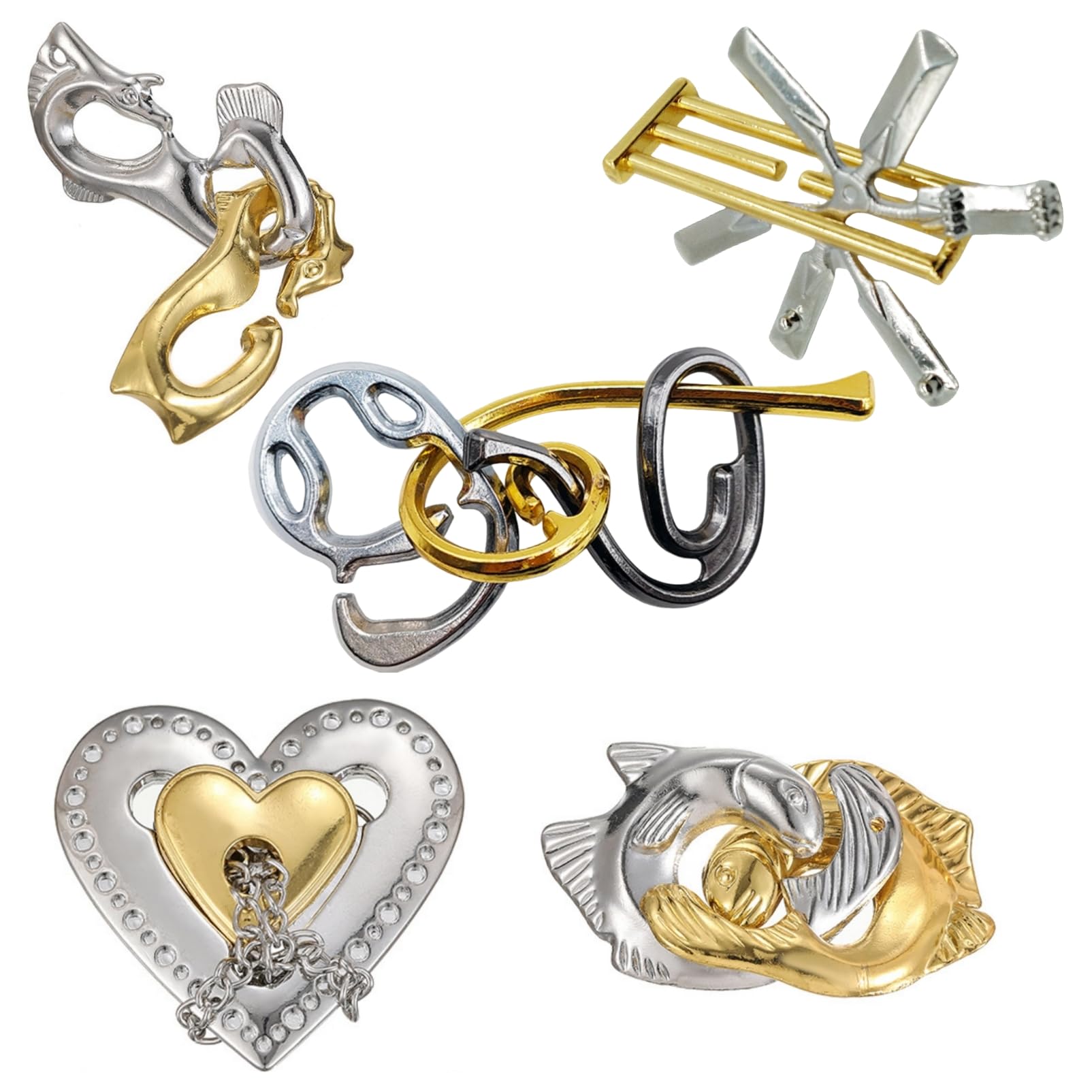 

COZENTA Brain Teaser Ring, Brain Teaser Toy, Ring Puzzle, Time Killer, 3D Puzzle, Educational Toy, Gold and Silver, 5-Piece Set, A