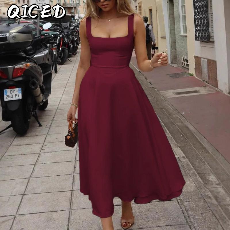 QICED Abiti casual senza maniche con stampa tinta unita primavera estate moda donna