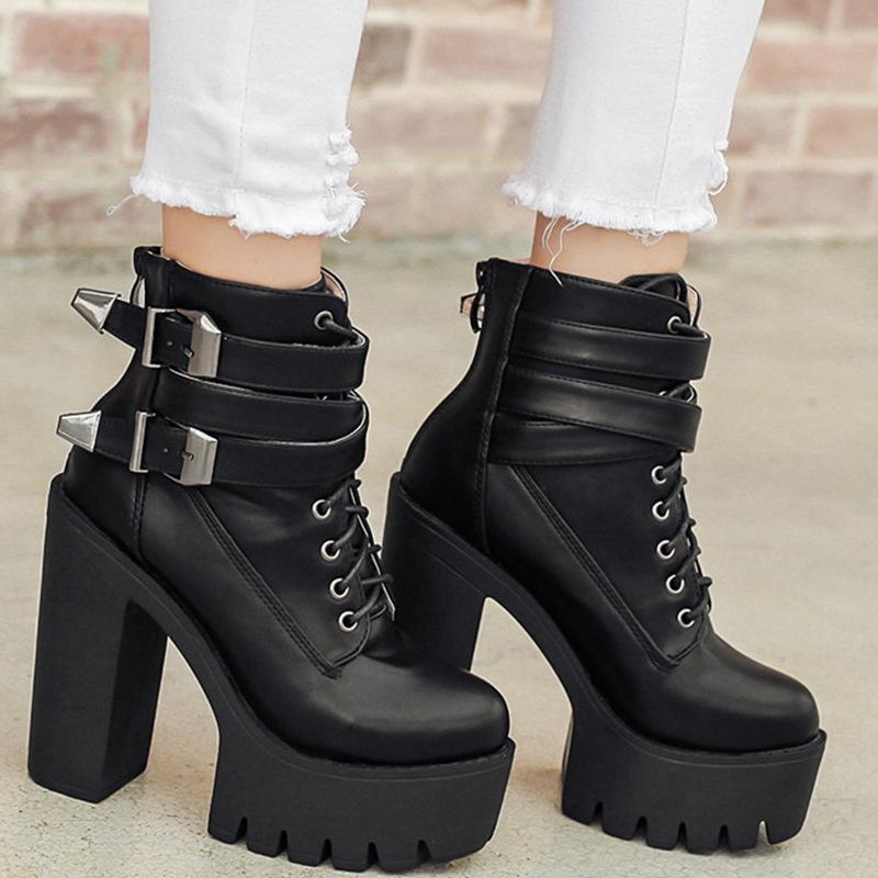 Fashion Korean Version of High Heel Boots Women's Waterproof Platform Thick Heel Platform Ankle Boots Single Boot Buckle Strap