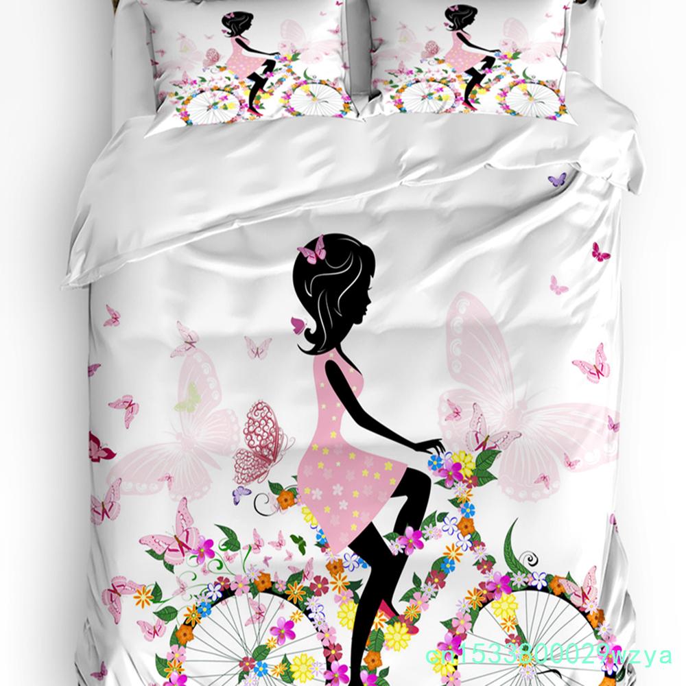 Pink Girl Flower Butterfly Duvet Cover Bed Bedding Set Home Textile Quilt Cover Pillowcases Bedroom Double Bedding Set No Sheet