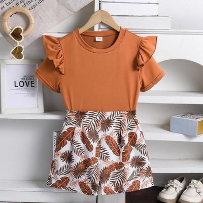 Casual Pak voor Meisjes 2025 Zomer Kinder Kant Korte Mouw Top Mode Geprinte Korte Broek Tweedelig Pak