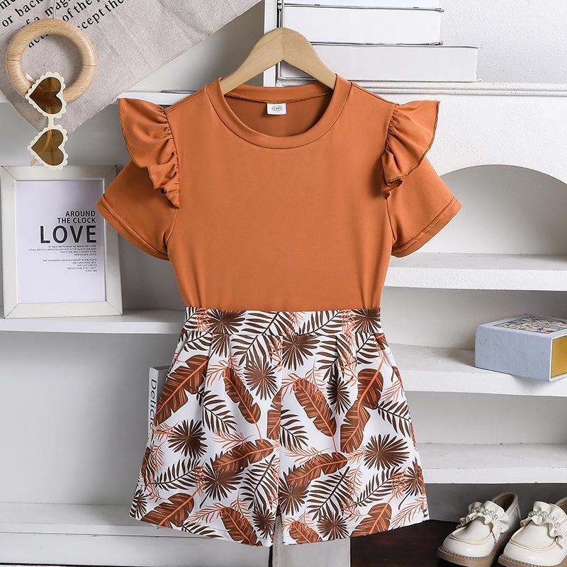 Girls' Casual Suit 2025 Summer Children's Lace Short Sleeve Top Fashion Printed Shorts Two-piece Set