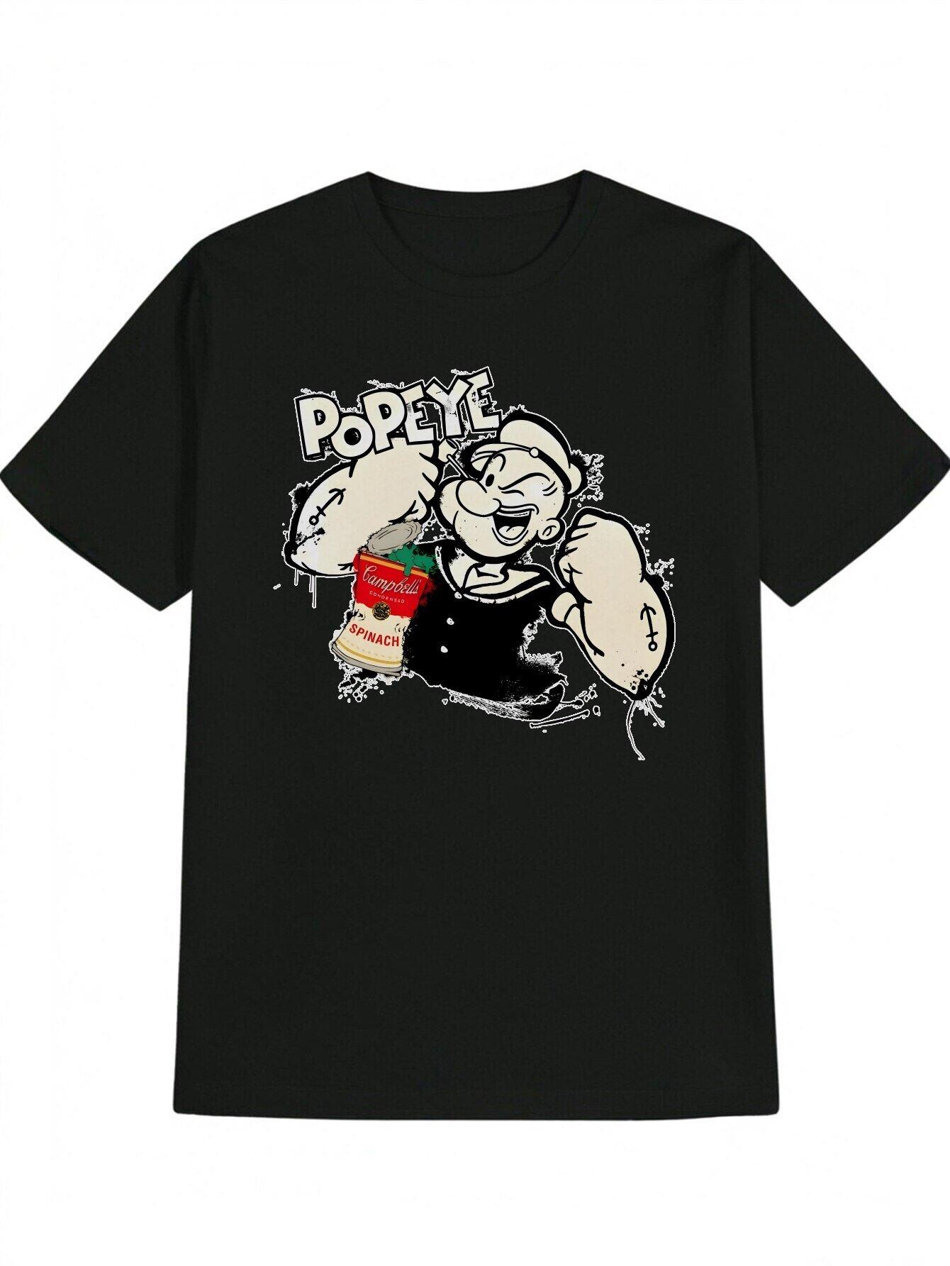 Casual Crew Neck T-shirt with Popeye Cartoon Print – Black Short Sleeve Tee S