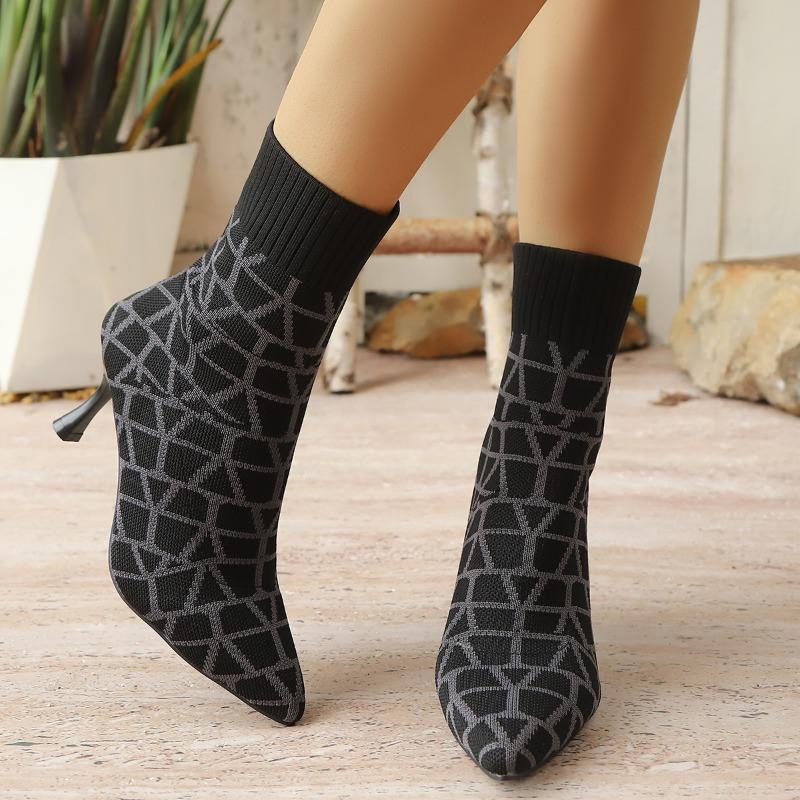 Fashion Colorblock Knit Breathable Cloth Slim Heel Single Boots Women's Fashion Pointed Toe Sleeve Non-Slip Wear-Resistant High Heels