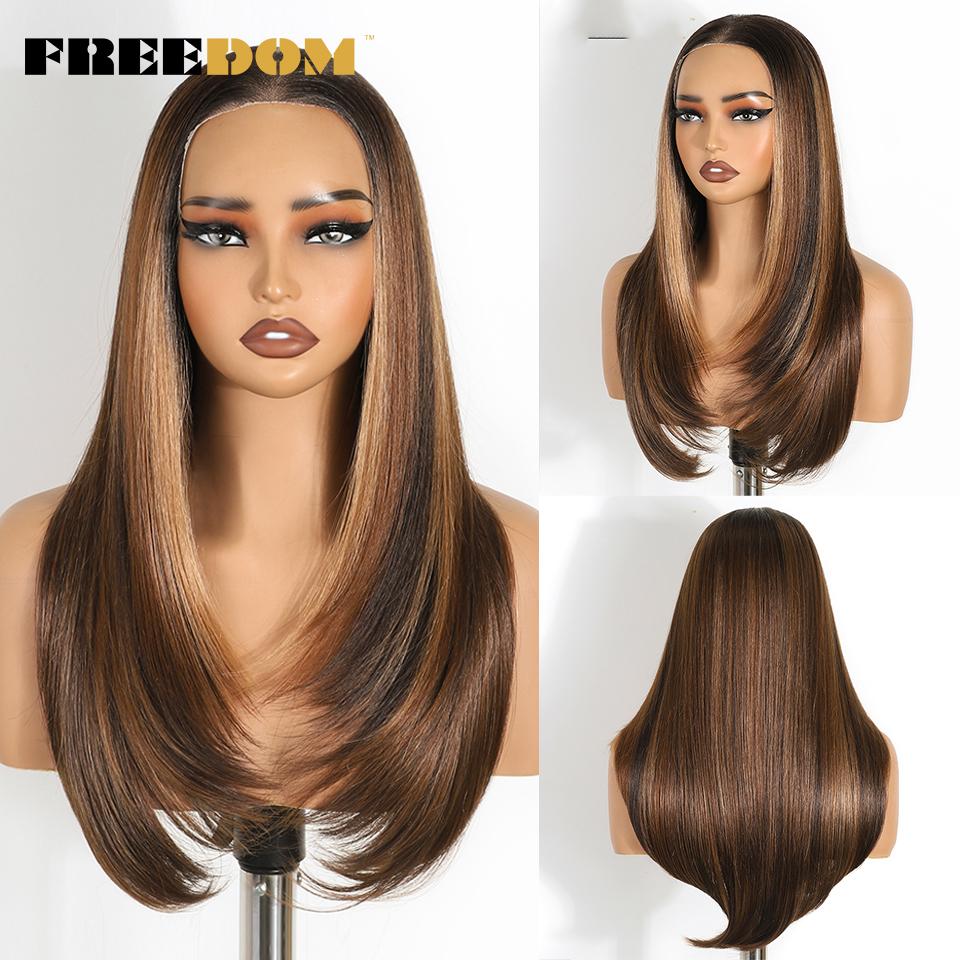 FREEDOM Straight Synthetic Lace Front Wigs For Women 9x6 Pre Plucked Layerd Wig 24" Ombre Brown Wear And Go Glueless Lace Wigs