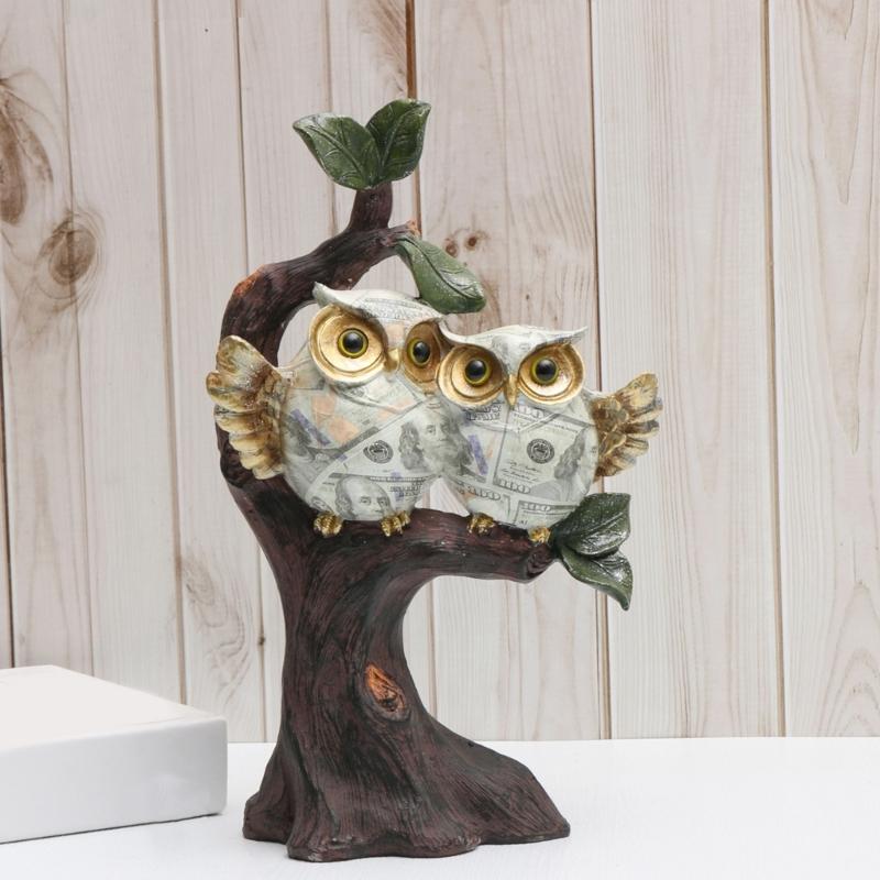 Dollar Print Owl Perching On Tree Branch Sculpture Figurine Water Transfer Handmade Resins Desktop Ornament Home Decors