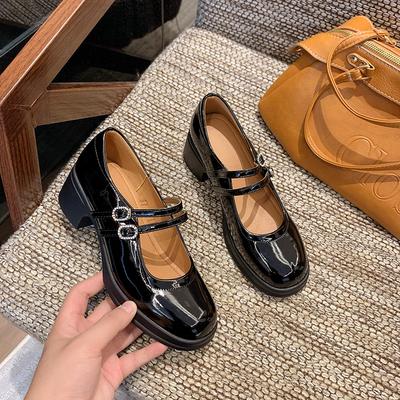 Mary Jane Einzelschuhe Damen High Heels 2025 neu Retro Britischer Stil jk Schuhe schwarz Französischer dicker Absatz kleine Lederschuhe