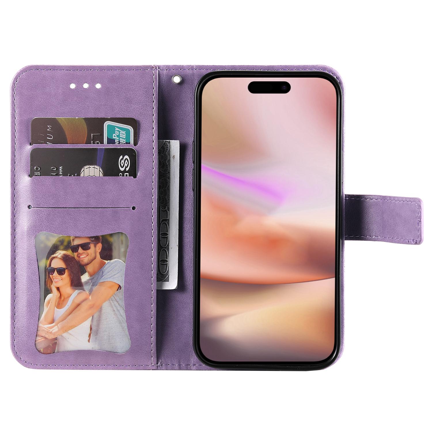 

For iPhone 16 Plus Case Floral Pattern PU Leather Wallet Stand Phone Cover Purple