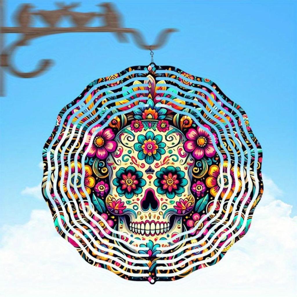 Handbemaltes Metall Totenkopf Windspiel mit Blumendesign Outdoor Hängedekoration für Halloween Weihnachten Thanksgiving Garten Hof Feiertag