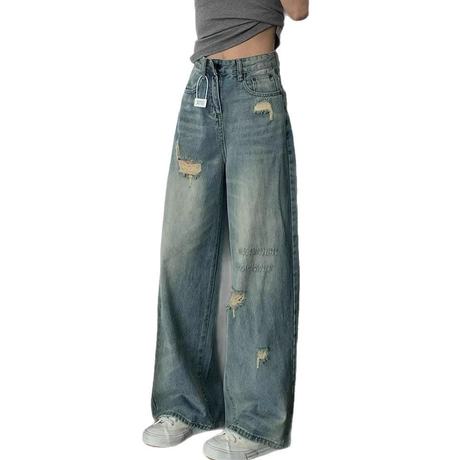 Fashionable Comfortable Jeans Women Broken Hole Smaller Straight Large Yard High Waist Drag Floor Wide Leg Long Pants Jeans for Women Long Denim Pants